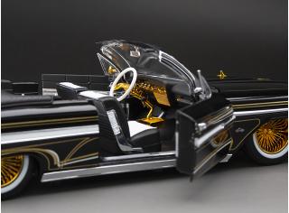 Chevrolet Impala open convertible Lowrider with movable suspension, black/chrome with small white wall tires SunStar Metallmodell 1:18